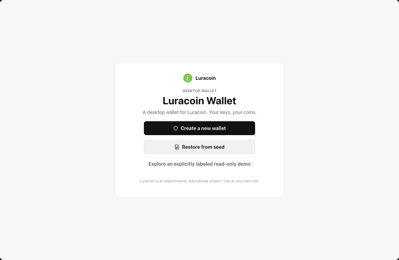 Luracoin Wallet welcome screen with options to create a wallet, restore from seed, or open the read-only demo.