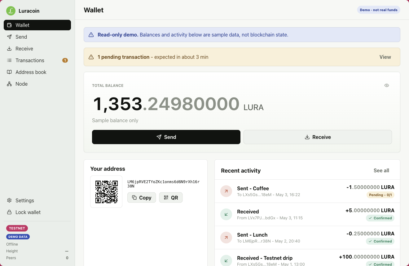 Luracoin Wallet read-only demo showing clearly labeled sample balances and transaction activity.