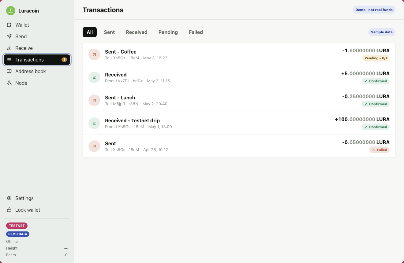 Luracoin Wallet transaction history using explicitly labeled demo data with sent, received, pending, confirmed, and failed states.